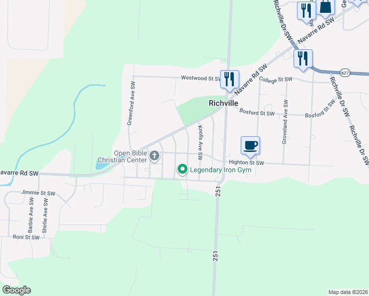 map of restaurants, bars, coffee shops, grocery stores, and more near 6744 Highton Street Southwest in Massillon