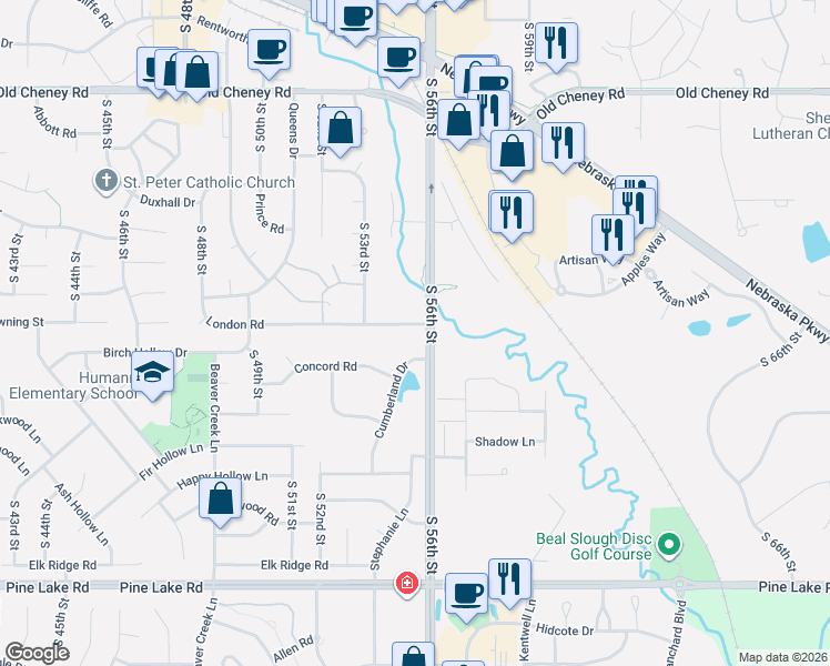 map of restaurants, bars, coffee shops, grocery stores, and more near 6455 Cumberland Drive in Lincoln