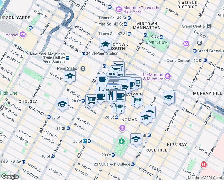 map of restaurants, bars, coffee shops, grocery stores, and more near 875 6th Avenue in New York