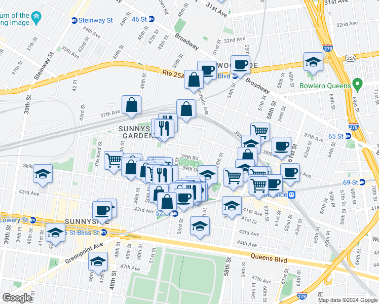 map of restaurants, bars, coffee shops, grocery stores, and more near 5201 39th Drive in Queens