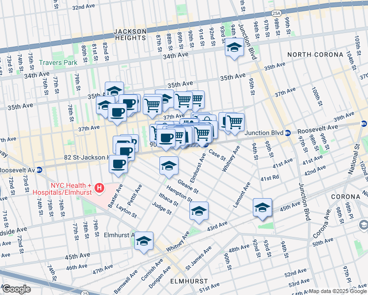 map of restaurants, bars, coffee shops, grocery stores, and more near Roosevelt Ave & Britton Ave in Queens