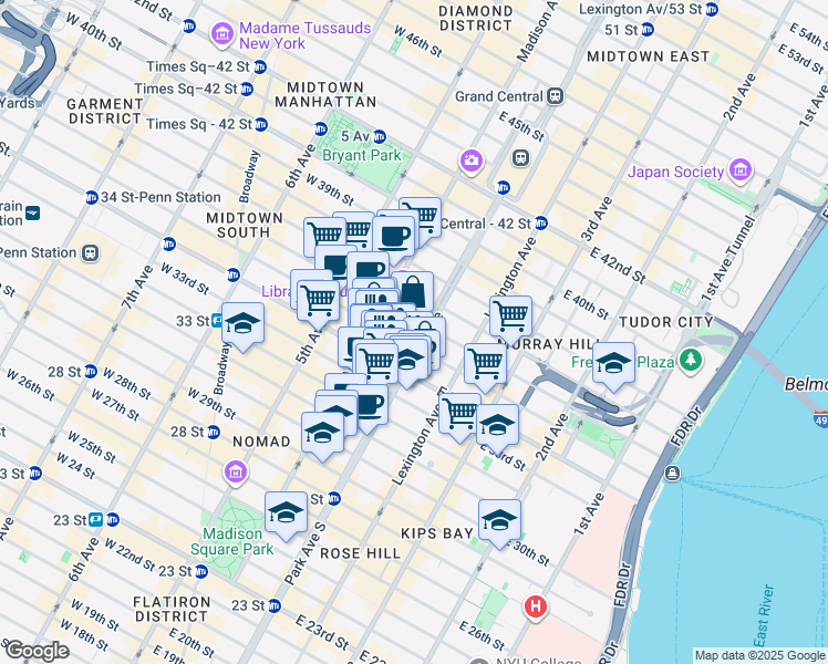 map of restaurants, bars, coffee shops, grocery stores, and more near 20 Park Avenue in New York