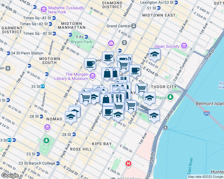 map of restaurants, bars, coffee shops, grocery stores, and more near 130 East 37th Street in New York