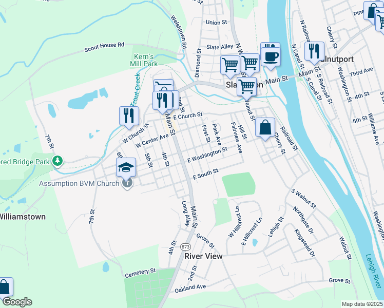 map of restaurants, bars, coffee shops, grocery stores, and more near 314 2nd Street in Slatington