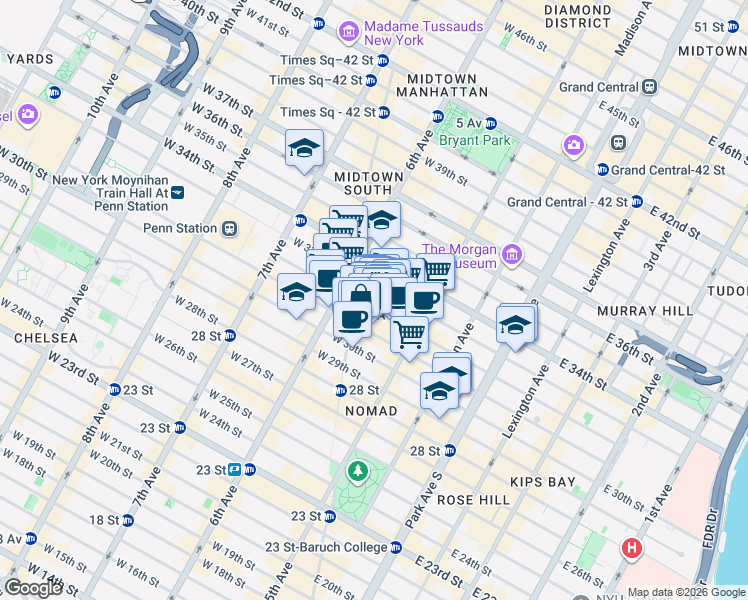 map of restaurants, bars, coffee shops, grocery stores, and more near 1250 Broadway in New York