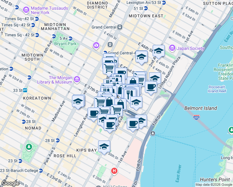 map of restaurants, bars, coffee shops, grocery stores, and more near 301 East 38th Street in New York