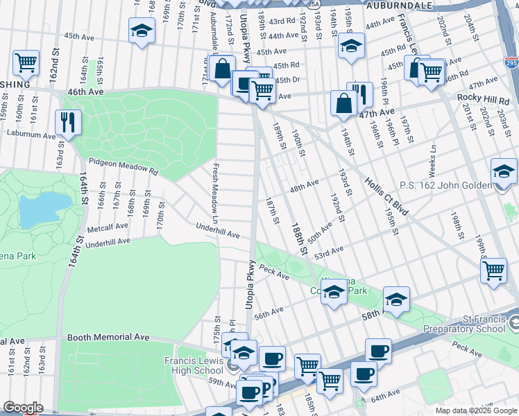 map of restaurants, bars, coffee shops, grocery stores, and more near 47-54 Utopia Parkway in Queens