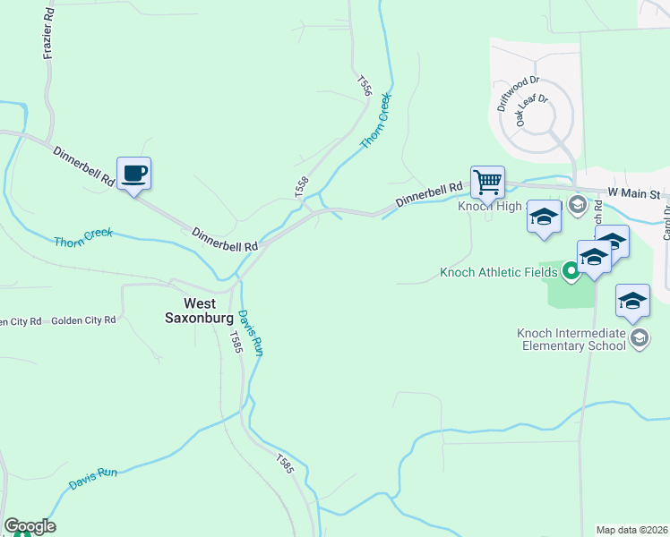 map of restaurants, bars, coffee shops, grocery stores, and more near 632-640 Dinnerbell Road in Saxonburg