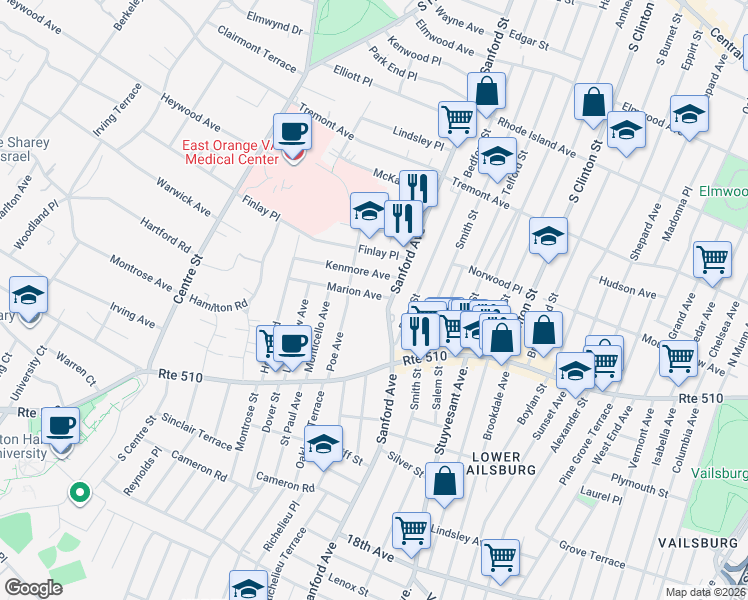 map of restaurants, bars, coffee shops, grocery stores, and more near 379 Sanford Avenue in Newark