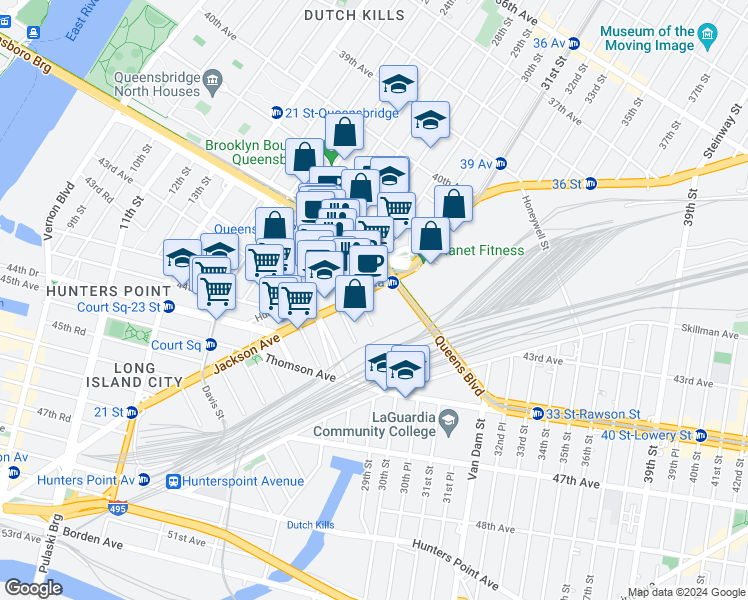 map of restaurants, bars, coffee shops, grocery stores, and more near 28-20 Jackson Avenue in Queens