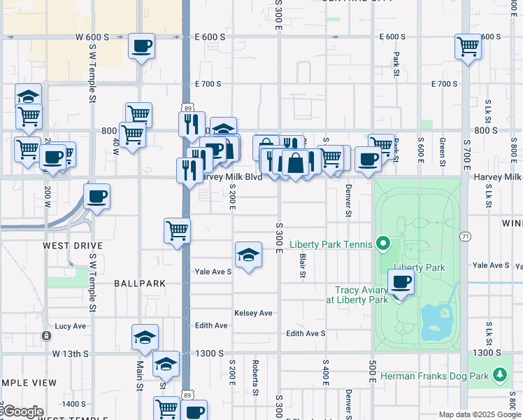 map of restaurants, bars, coffee shops, grocery stores, and more near 257 East Belmont Avenue in Salt Lake City