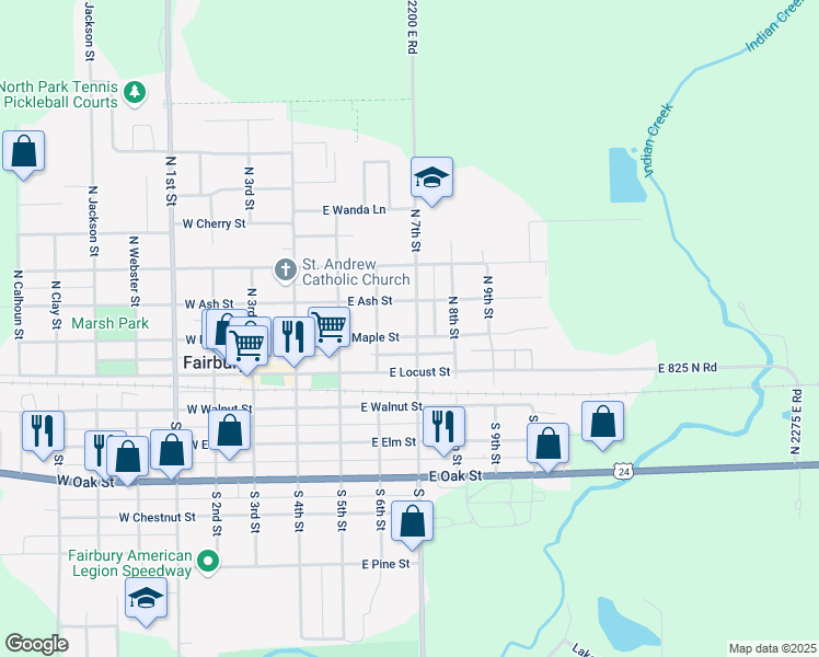 map of restaurants, bars, coffee shops, grocery stores, and more near 409 East Ash Street in Fairbury