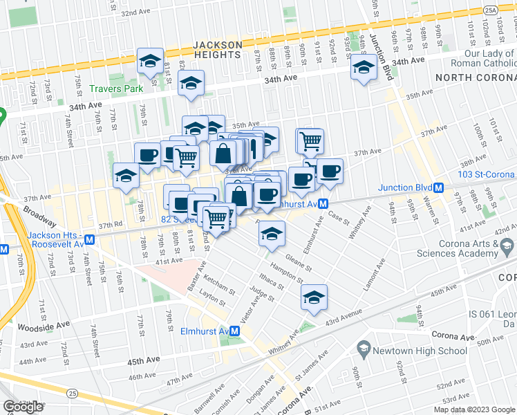 map of restaurants, bars, coffee shops, grocery stores, and more near 85-15 Roosevelt Avenue in Queens