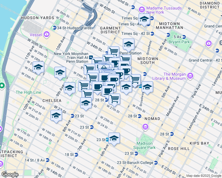 map of restaurants, bars, coffee shops, grocery stores, and more near 352 7th Avenue in New York