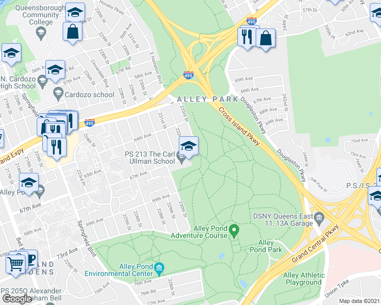 map of restaurants, bars, coffee shops, grocery stores, and more near 232-09 67th Avenue in Queens
