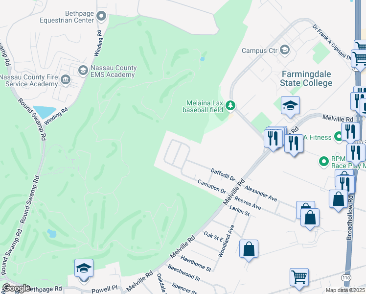 map of restaurants, bars, coffee shops, grocery stores, and more near 377 Carnation Drive in Farmingdale