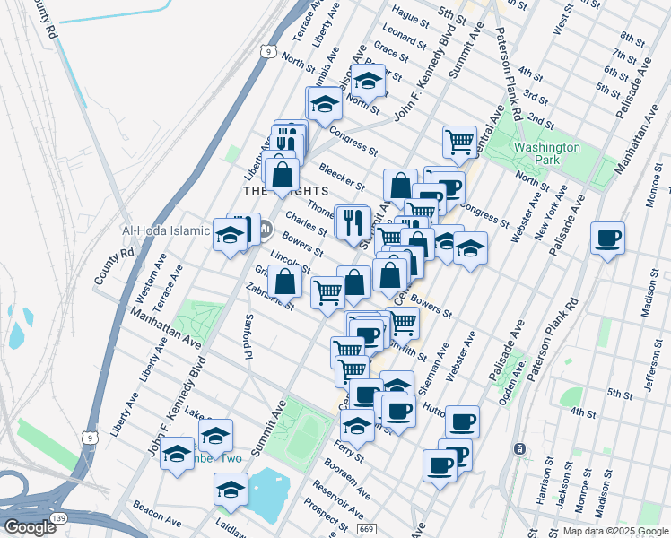 map of restaurants, bars, coffee shops, grocery stores, and more near 210A Bowers Street in Jersey City
