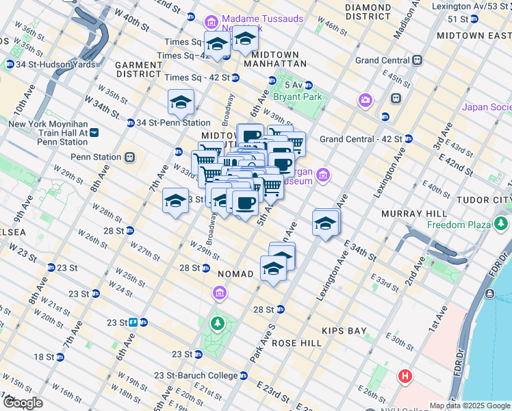 map of restaurants, bars, coffee shops, grocery stores, and more near 350 5th Avenue in New York
