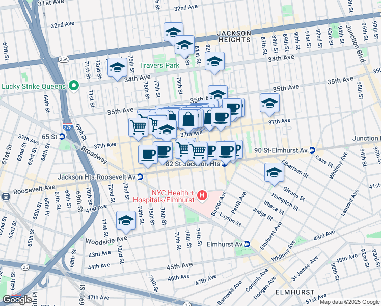 map of restaurants, bars, coffee shops, grocery stores, and more near 37-15 79th Street in Queens