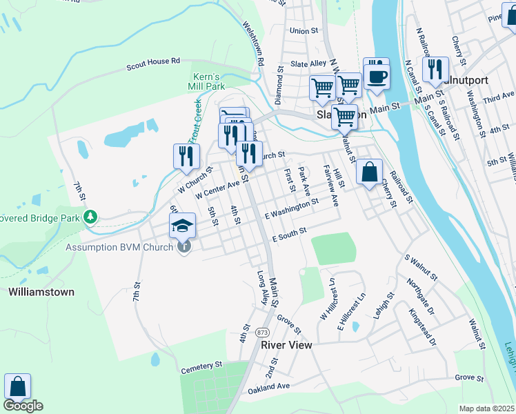 map of restaurants, bars, coffee shops, grocery stores, and more near 901 Main Street in Slatington
