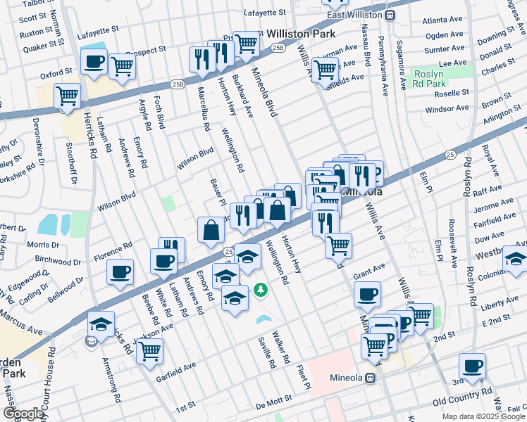 map of restaurants, bars, coffee shops, grocery stores, and more near 327 Horton Highway in Mineola
