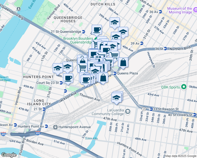map of restaurants, bars, coffee shops, grocery stores, and more near 27-45 Jackson Avenue in Queens