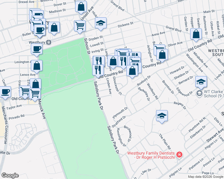 map of restaurants, bars, coffee shops, grocery stores, and more near 537 Mark Lane in Westbury