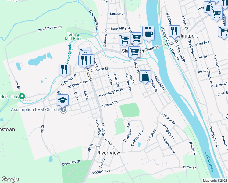 map of restaurants, bars, coffee shops, grocery stores, and more near 101 East Washington Street in Slatington
