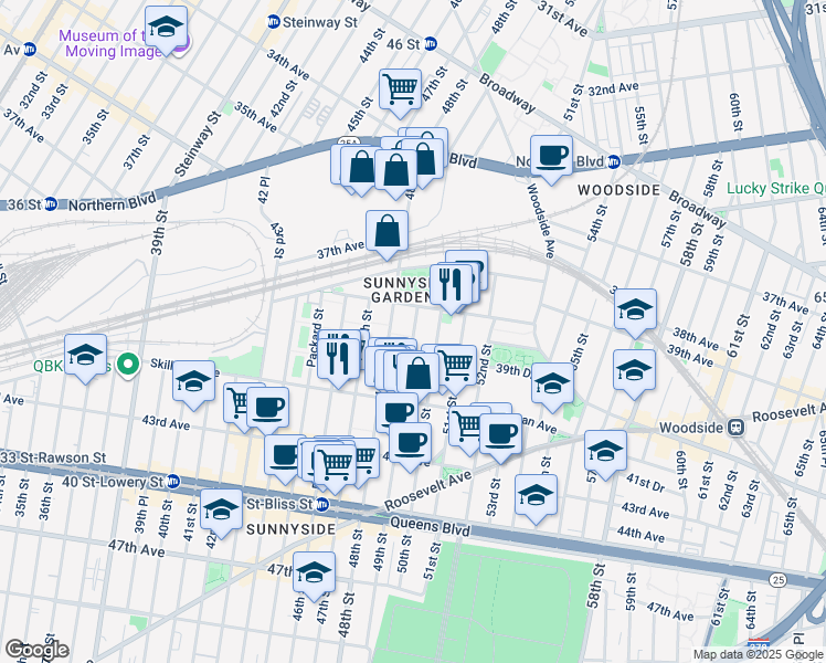 map of restaurants, bars, coffee shops, grocery stores, and more near 49th Street in Queens