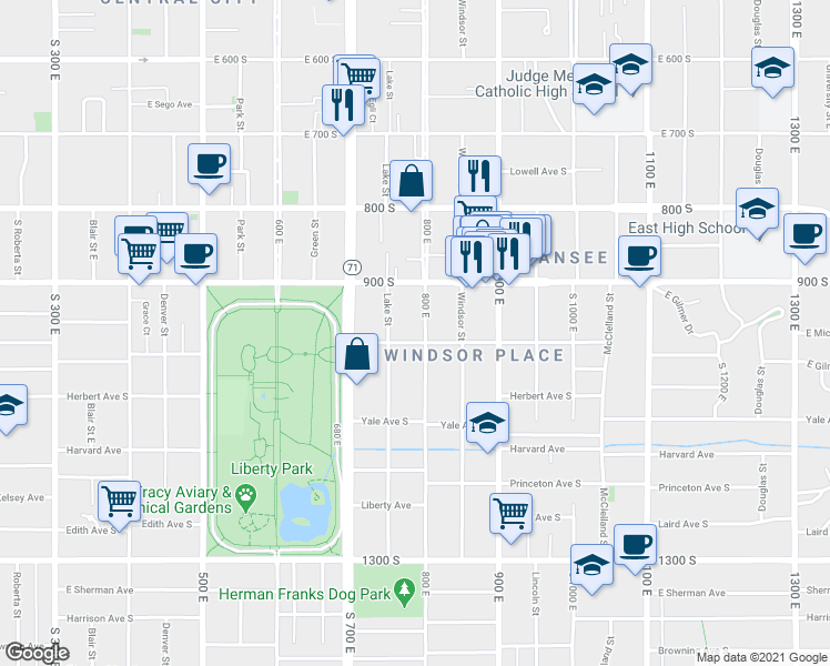 map of restaurants, bars, coffee shops, grocery stores, and more near 930 South 800 East in Salt Lake City