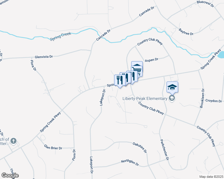 map of restaurants, bars, coffee shops, grocery stores, and more near 235 Spring Creek Parkway in Spring Creek