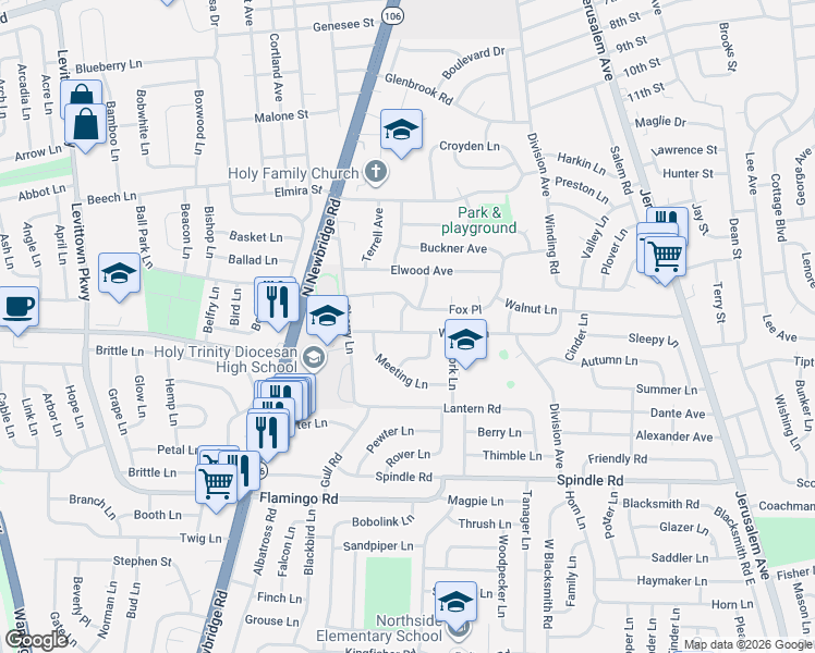 map of restaurants, bars, coffee shops, grocery stores, and more near 8 Mill Road in Hicksville