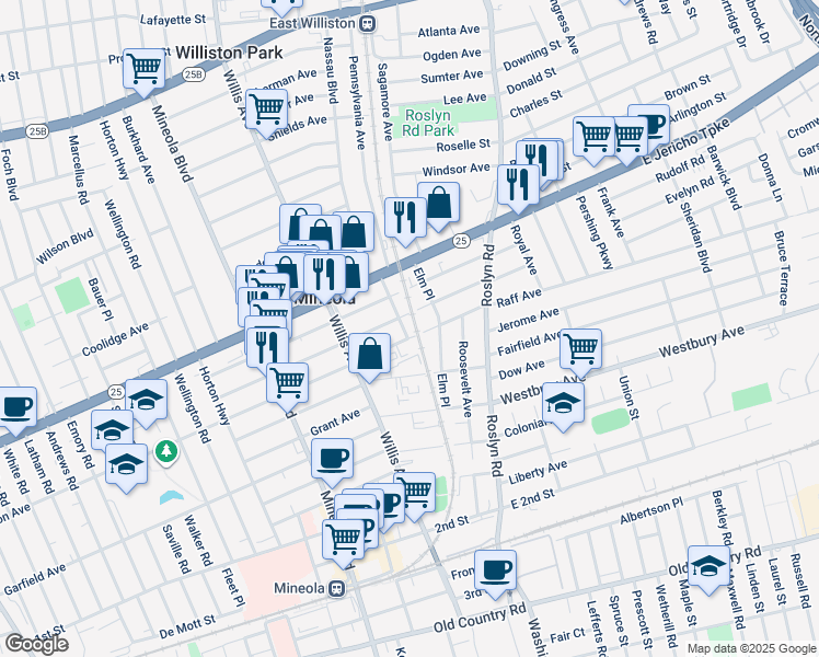 map of restaurants, bars, coffee shops, grocery stores, and more near 85 Washington Avenue in Mineola