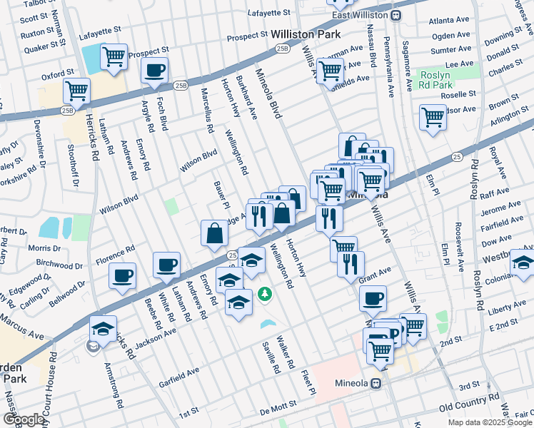 map of restaurants, bars, coffee shops, grocery stores, and more near 327 Horton Highway in Mineola