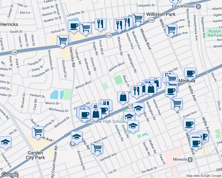 map of restaurants, bars, coffee shops, grocery stores, and more near 364 Foch Boulevard in Mineola