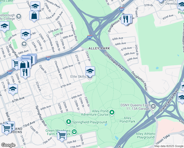map of restaurants, bars, coffee shops, grocery stores, and more near 50 233rd Street in Queens