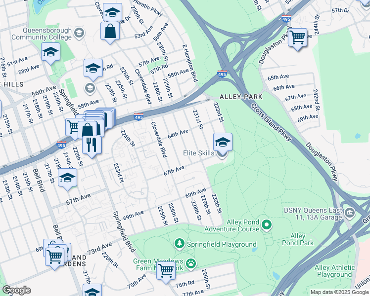 map of restaurants, bars, coffee shops, grocery stores, and more near 67-14 230th Street in Queens
