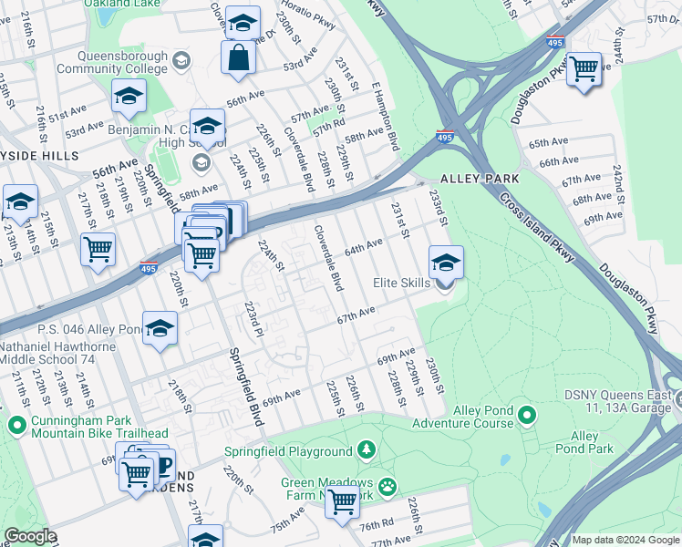 map of restaurants, bars, coffee shops, grocery stores, and more near 61-47 Cloverdale Boulevard in Queens