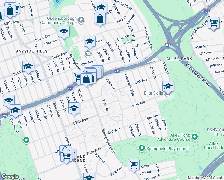 map of restaurants, bars, coffee shops, grocery stores, and more near 6119 223rd Place in Queens