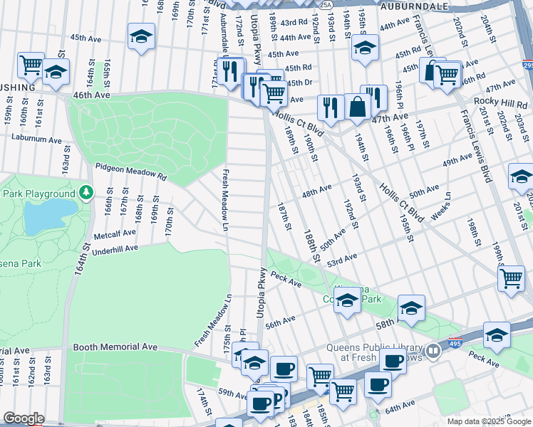 map of restaurants, bars, coffee shops, grocery stores, and more near 47-54 Utopia Parkway in Queens