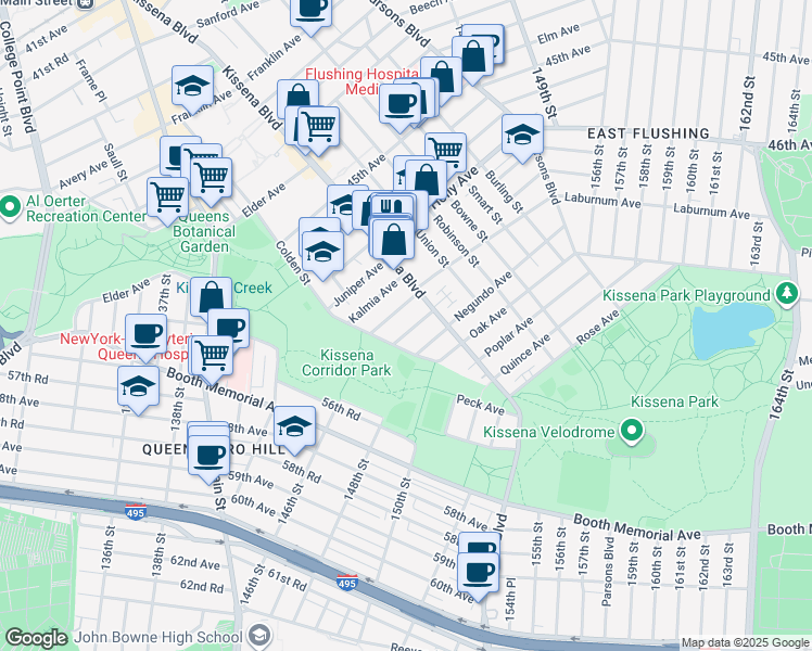 map of restaurants, bars, coffee shops, grocery stores, and more near 137-56 Laburnum Avenue in Queens