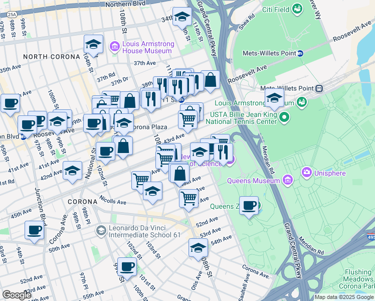 map of restaurants, bars, coffee shops, grocery stores, and more near 108-57 44th Avenue in Queens