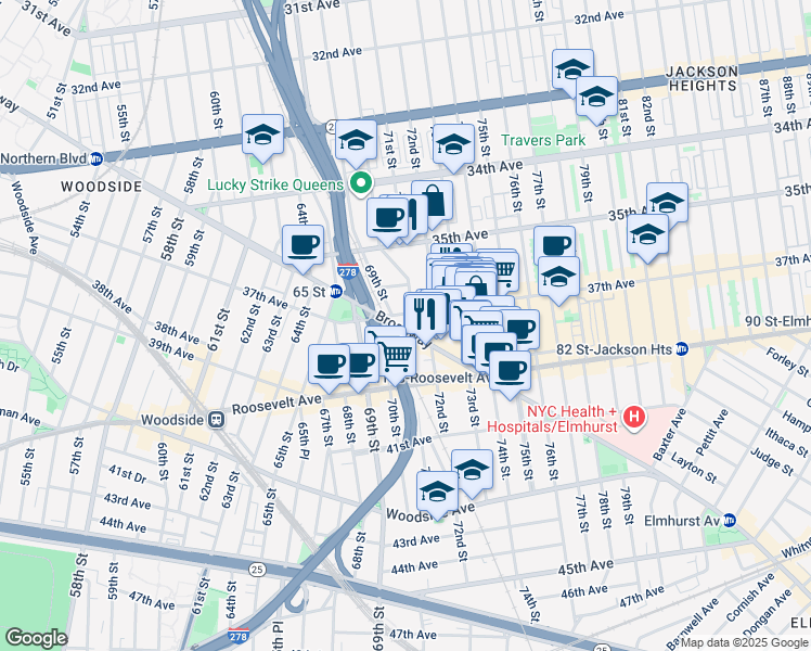 map of restaurants, bars, coffee shops, grocery stores, and more near in Queens