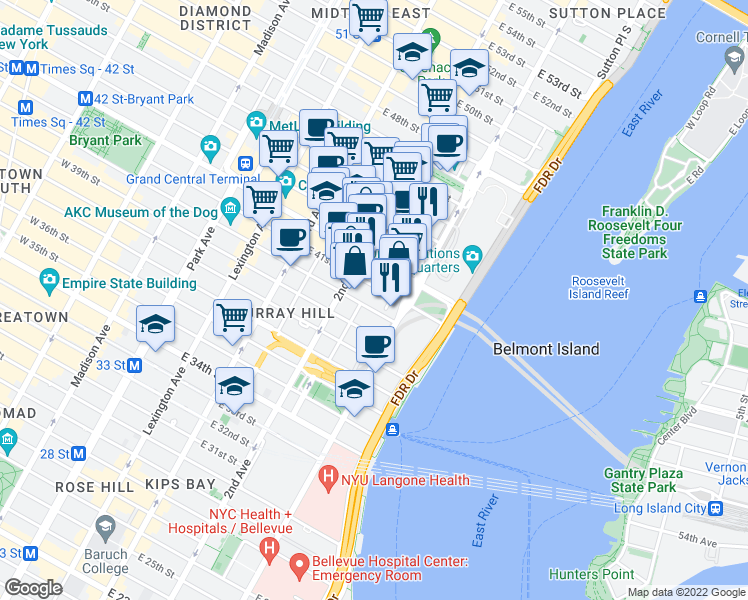 map of restaurants, bars, coffee shops, grocery stores, and more near in New York