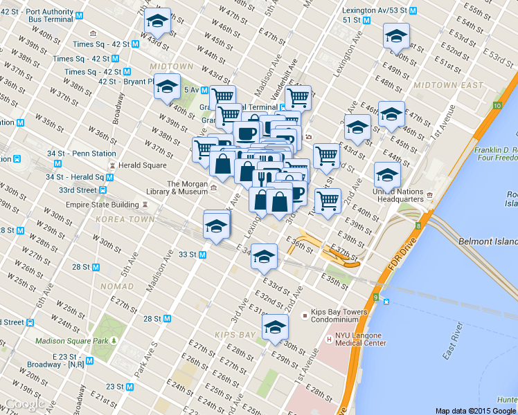 map of restaurants, bars, coffee shops, grocery stores, and more near 105 East 37th Street in New York