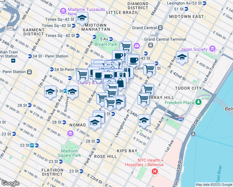 map of restaurants, bars, coffee shops, grocery stores, and more near in New York