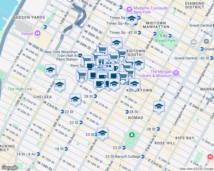 map of restaurants, bars, coffee shops, grocery stores, and more near 2 Pennsylvania Plaza in New York
