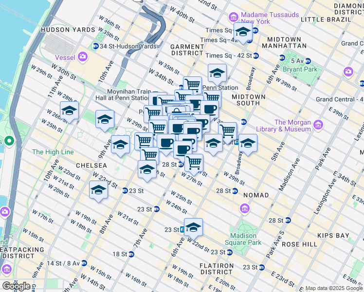 map of restaurants, bars, coffee shops, grocery stores, and more near 222w West 30th Street in New York
