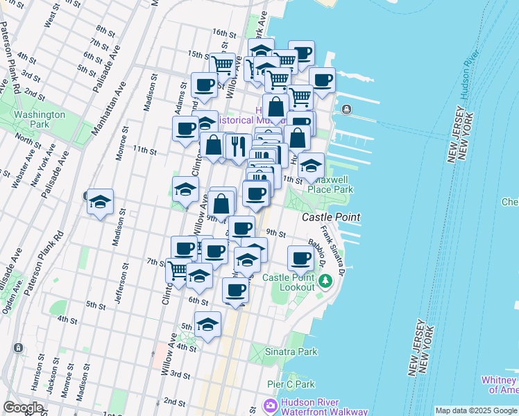 map of restaurants, bars, coffee shops, grocery stores, and more near in Hoboken
