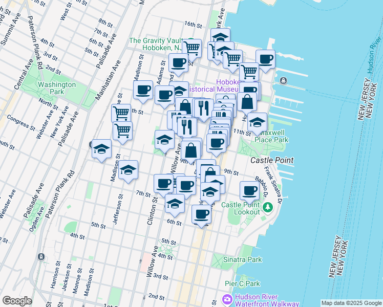 map of restaurants, bars, coffee shops, grocery stores, and more near 1000 Garden Street in Hoboken